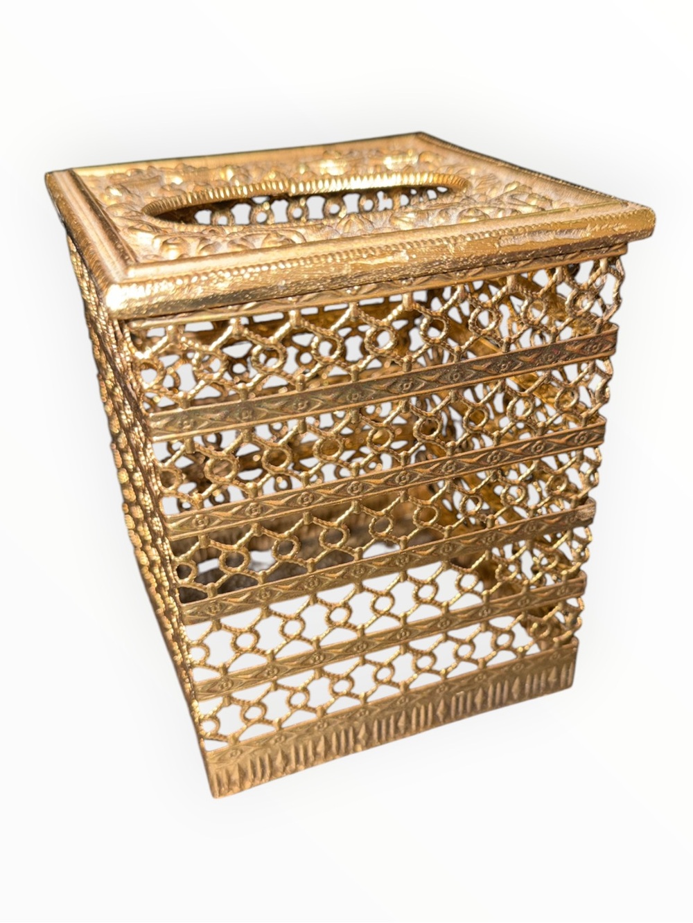 Vintage Hollywood Regency Ornate Gold Filigree Square Tissue Box Cover